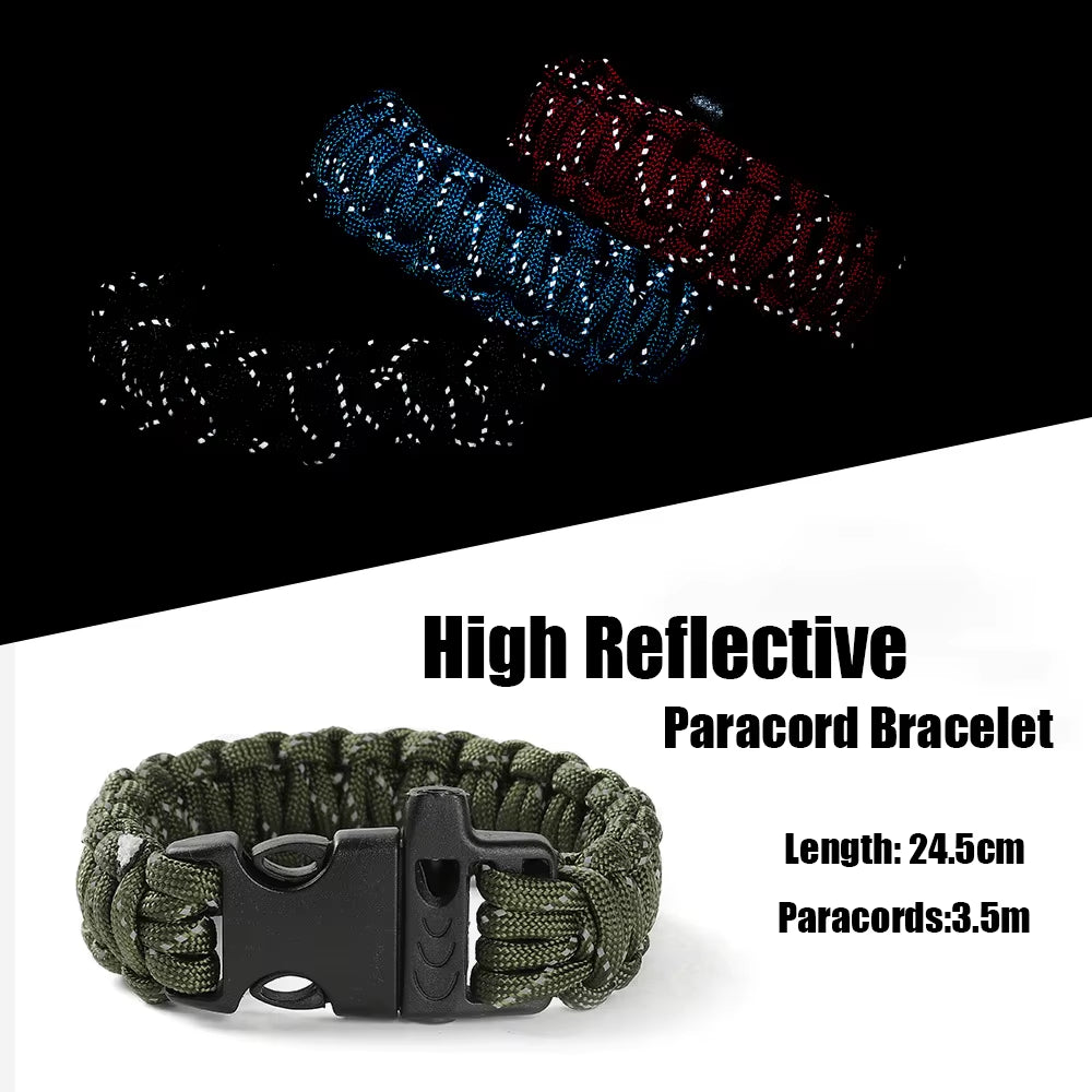 24.5Cm Nine Core Reflective Paracord Escape Emergency Glowing Plaited Rope EDC Survival Saving Bracelet with Whistle Tools