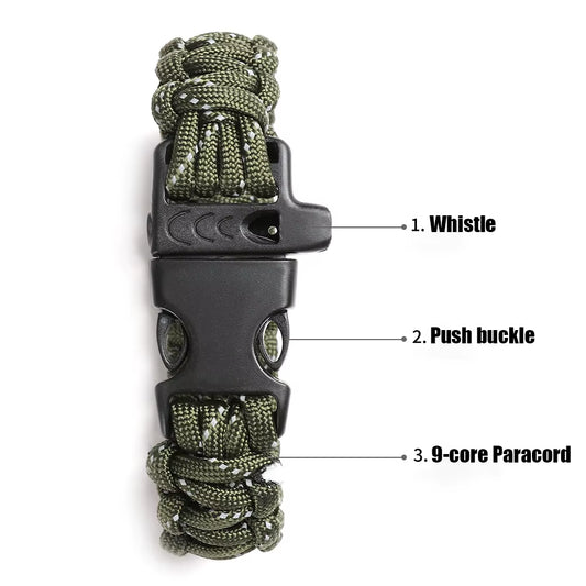 24.5Cm Nine Core Reflective Paracord Escape Emergency Glowing Plaited Rope EDC Survival Saving Bracelet with Whistle Tools